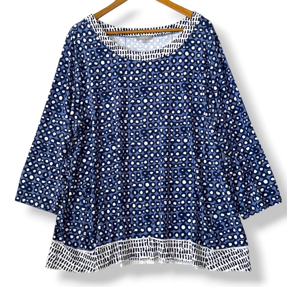Habitat Swing Tunic Top XXL Blue White Polka Dot 3/4 Sleeve Stretch Artsy Boho